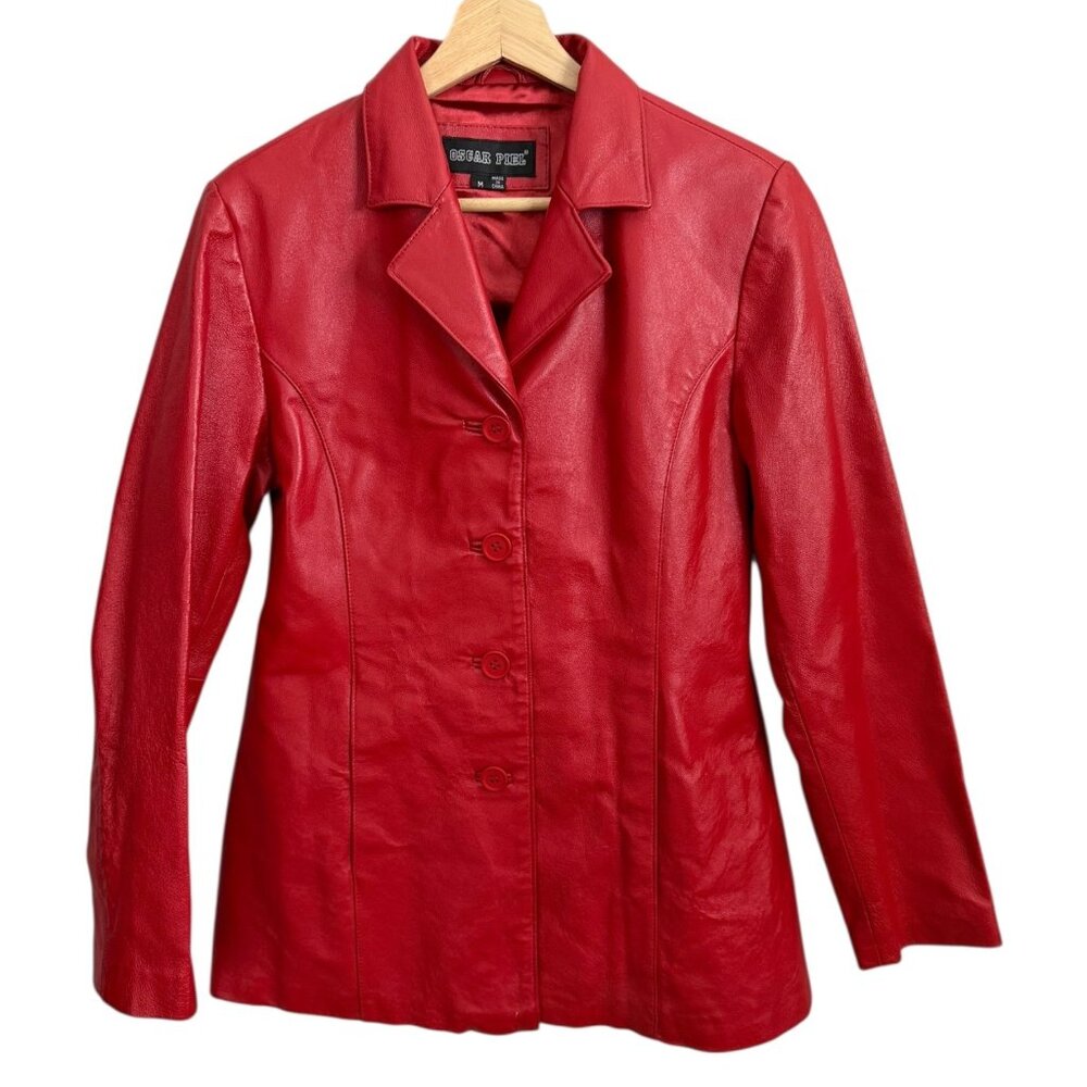 Oscar Piel Womens Cherry Red Leather Jacket Medium Retro 80s‎ 90s Maximalist